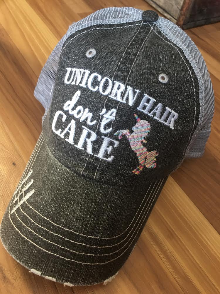 Unicorn hats | Unicorn hair dont care | Embroidered gray womens kids distressed trucker caps - Stacy's Pink Martini Boutique